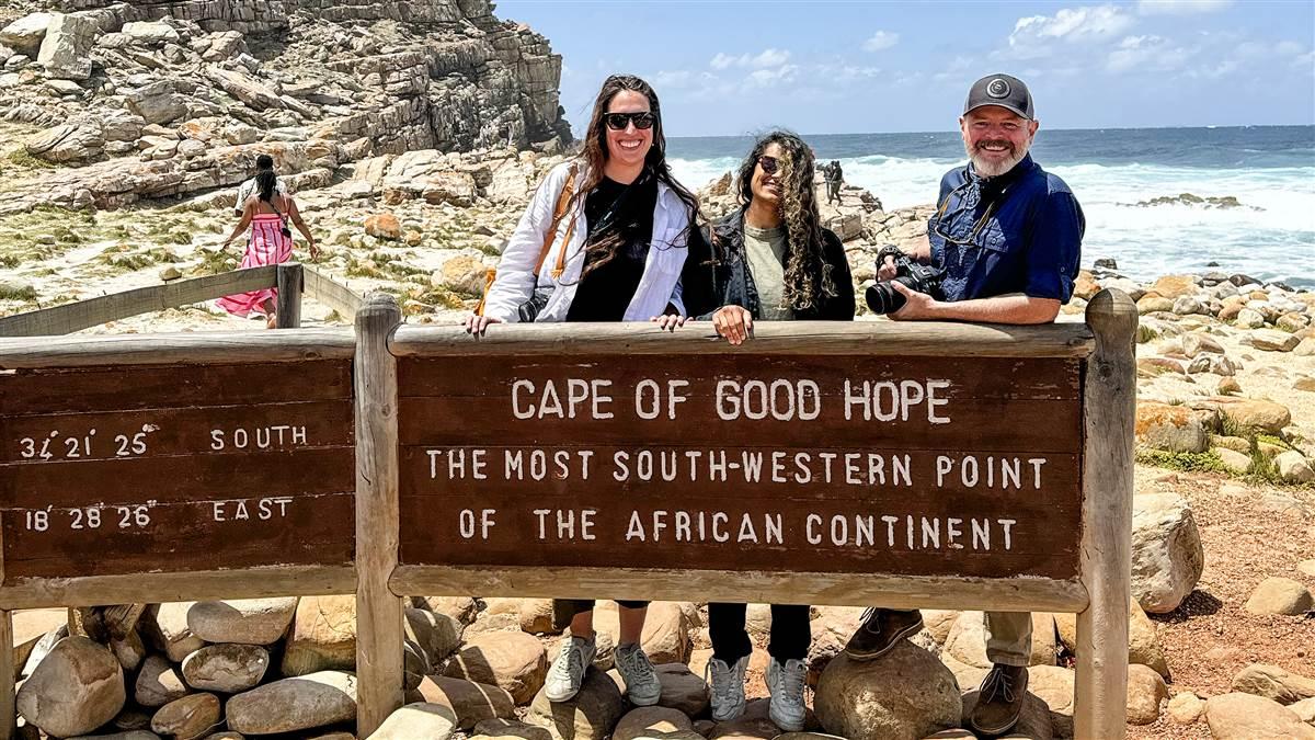 Features Editor Alicia Herron, Video Content Producer Bri Cabassa, and Photographer Chris Rose at the southernmost tip of South Africa for their upcoming story about Sling Aircraft.; @loubelle