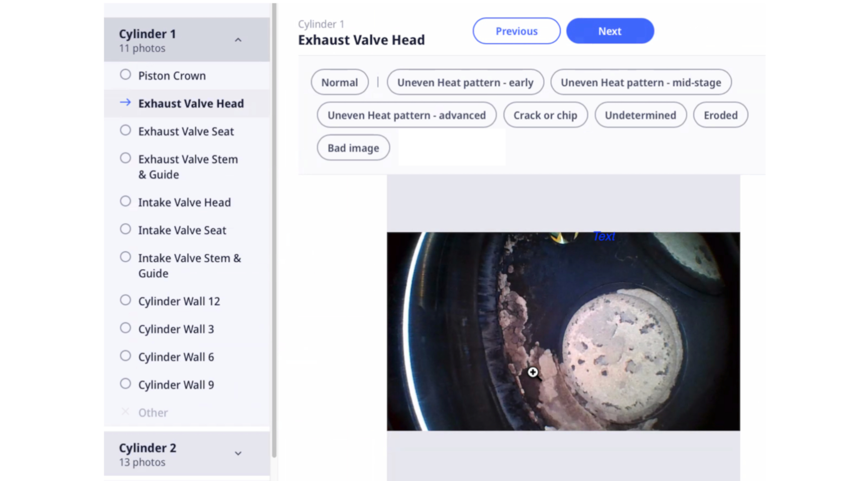 A borescope repository analysis for an exhaust valve head image.