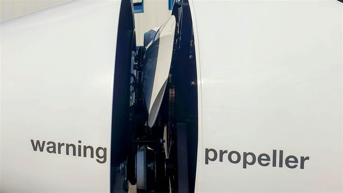 A unique design feature of the S12 is its folding propeller hiding behind the nose cone.
