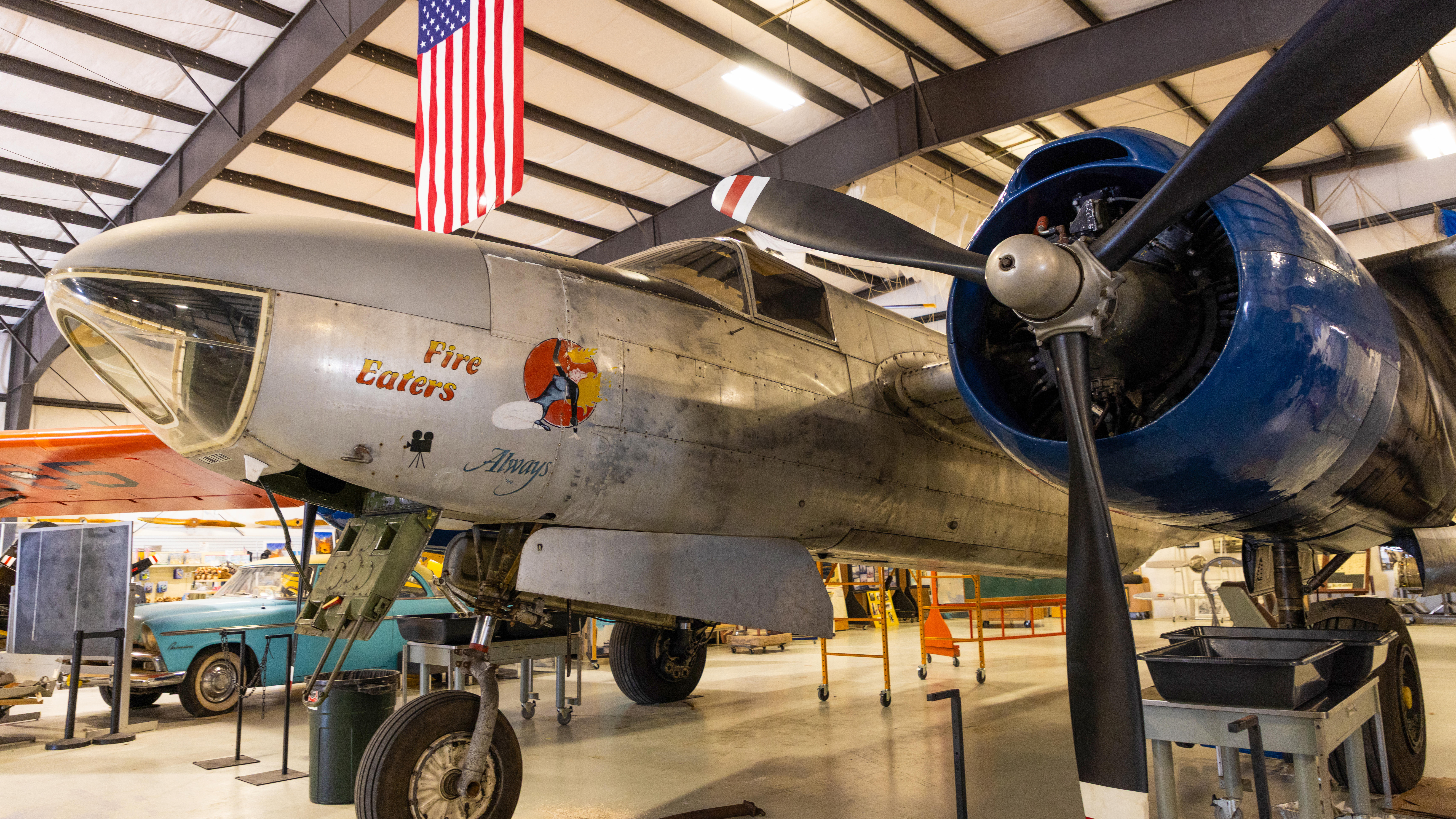 The A–26 Invader from the 1989 movie Always s tucked into the Museum of Aviation in Missoula, Montana, and is being restored by volunteers. Photo by Rebecca Boone