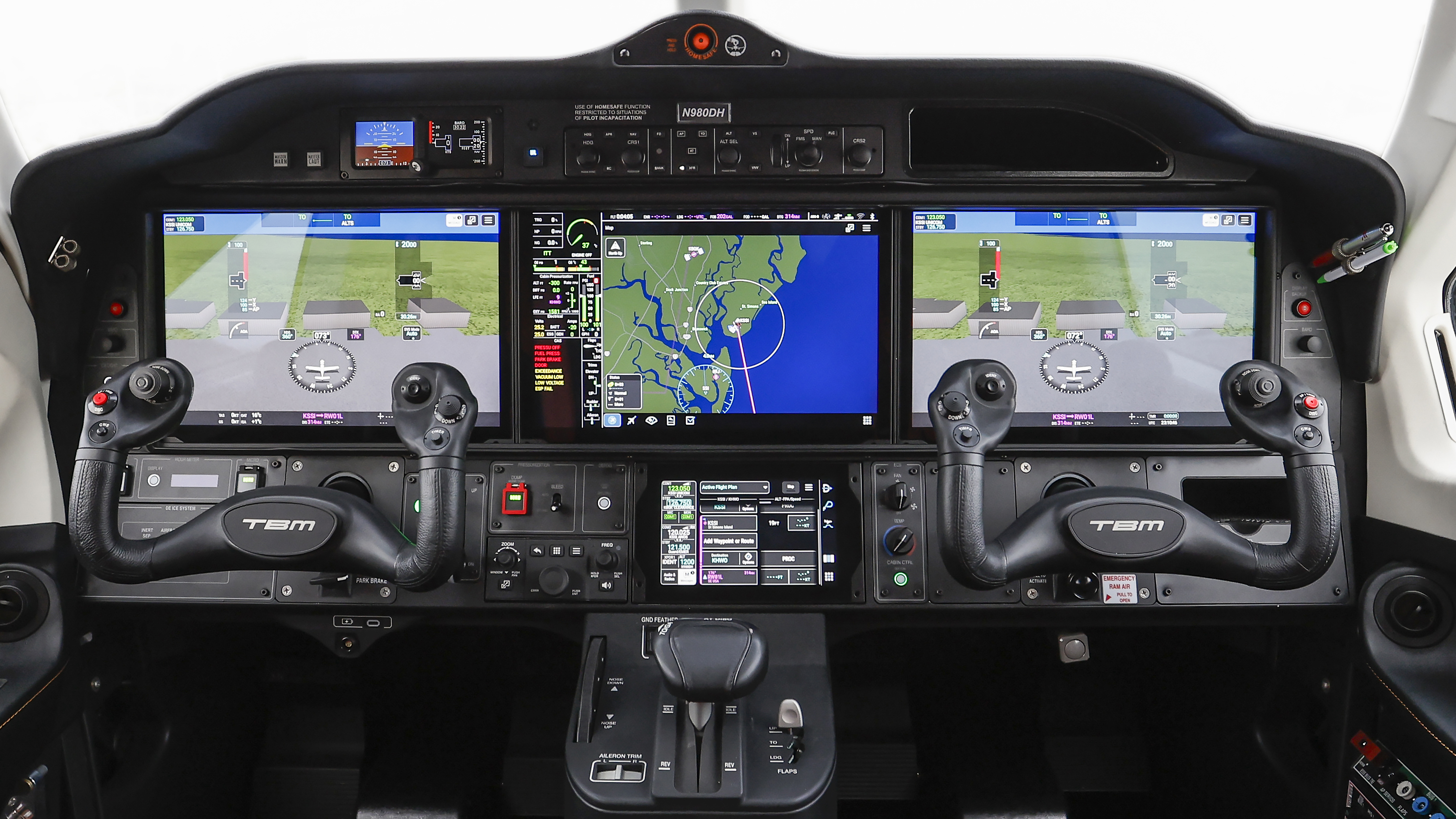 The Garmin G3000 Prime avionics suite features three 14-inch edge-to-edge touchscreen displays.