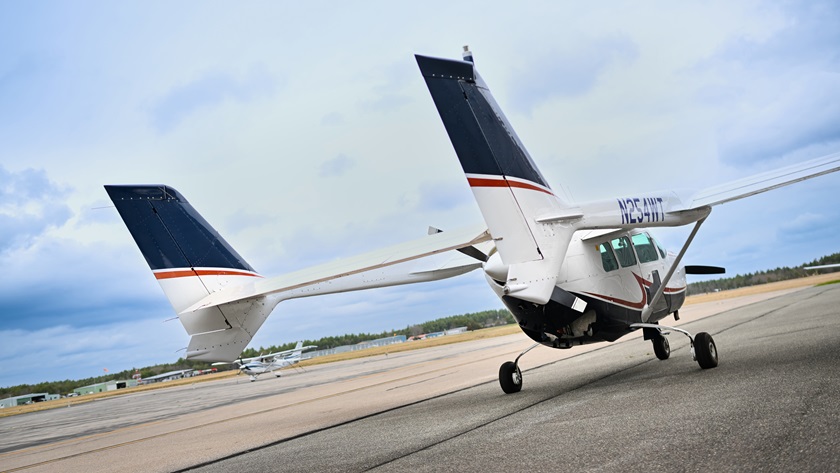 A whale watching crew uses a multiengine Cessna 337 to assist locating right whales and other mammal species in the Cape Cod area of New England near Plymouth, Massachusetts, April 23, 2026.  Photo by David Tulis.