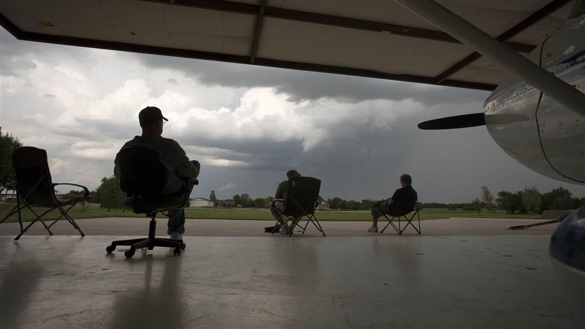 Severe thunderstorms build up over the Kansas plains.

