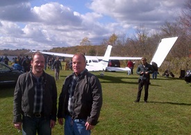 Real-life pilot Frank Galella III, at right, and his television double on a location shoot for The Following Oct. 24. Photo courtesy of Frank Galella.