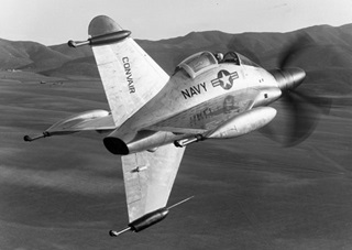 The Convair XFY-1 Pogo flew briefly in the 1950s before being abandoned as a military aircraft. It had three-bladed contra-rotating props powered by a 5,500 hp turboprop engine. Photo from the Sand Diego Air and Space Museum archive, public domain. 