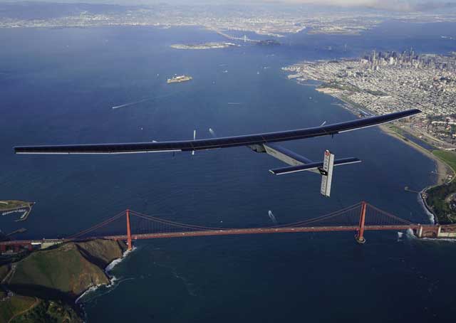 Solar Impulse 2 flies over the Golden Gate Bridge on April 23. Photo courtesy of Solar Impulse.