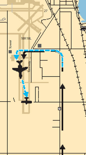 The jet overshot: The tight left turn onto Runway 18R, where the Piper Cub had just departed. It was airborne and flying between runways 18R and 18L as the jet was turning base to final. Illustration not to scale.